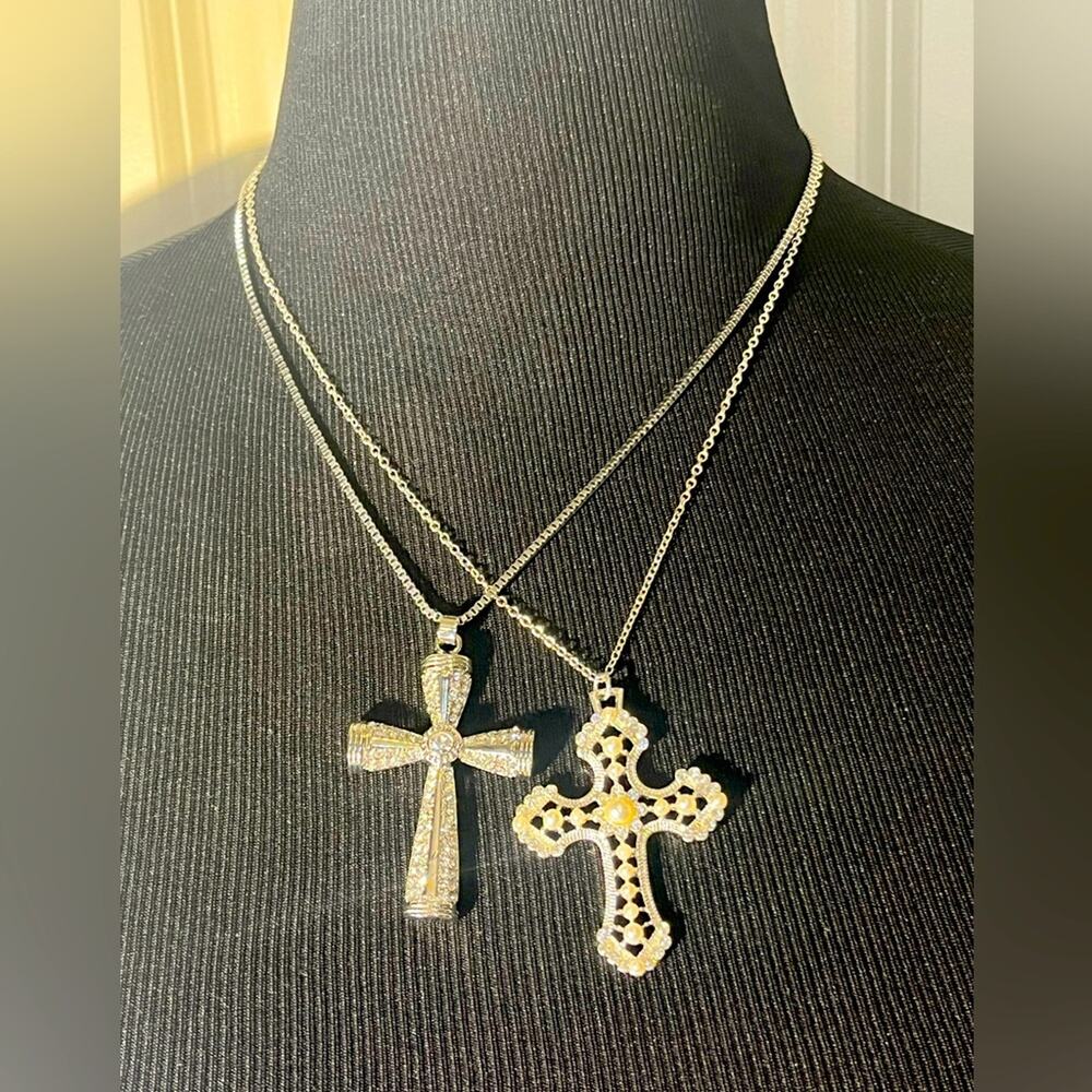 2 cross necklaces, silver tone with rhinestones and faux pearls
